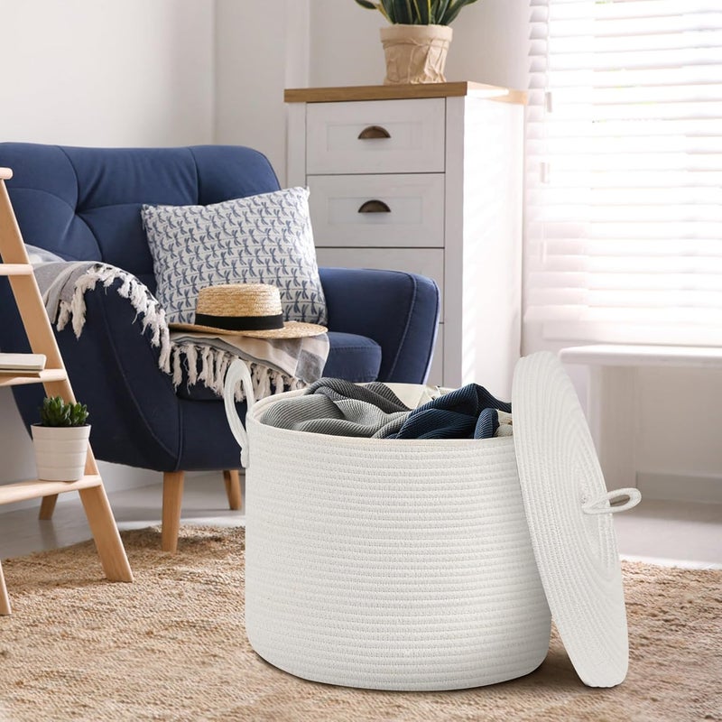 HONCESTA Extra Large 18x18x14 White Cotton Rope Basket with Lid, Modern Storage Solution for Blankets, Clothes, Toys and More - Image 5