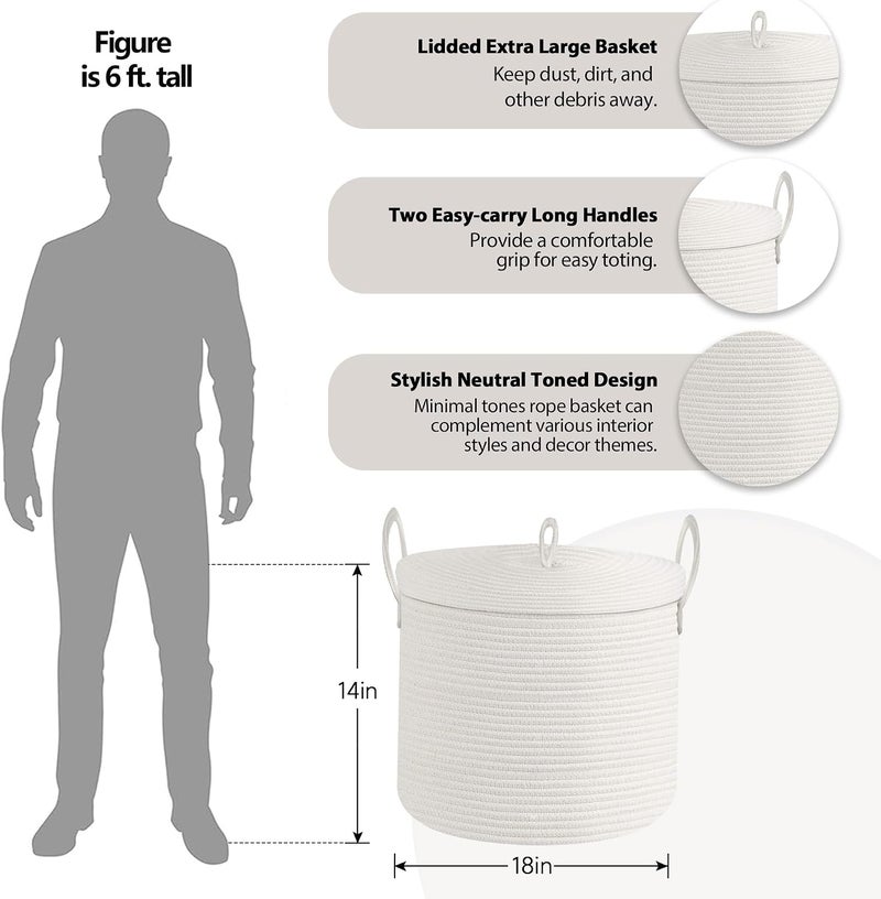 HONCESTA Extra Large 18x18x14 White Cotton Rope Basket with Lid, Modern Storage Solution for Blankets, Clothes, Toys and More - Image 2