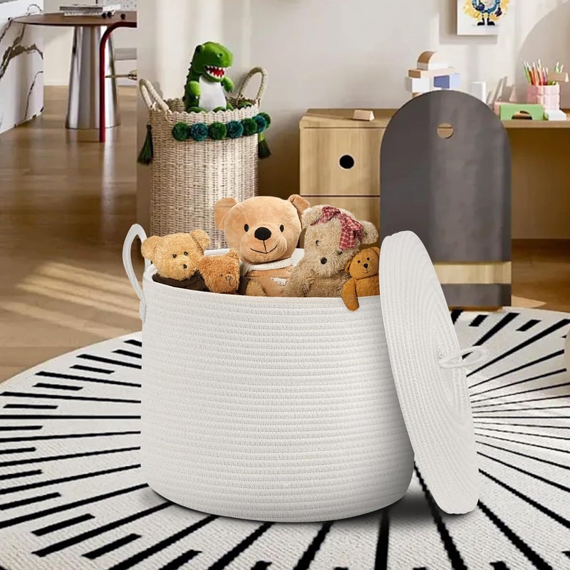 HONCESTA Extra Large 18x18x14 White Cotton Rope Basket with Lid, Modern Storage Solution for Blankets, Clothes, Toys and More - Image 3