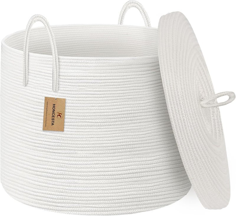 HONCESTA Extra Large 18x18x14 White Cotton Rope Basket with Lid, Modern Storage Solution for Blankets, Clothes, Toys and More - Image 1