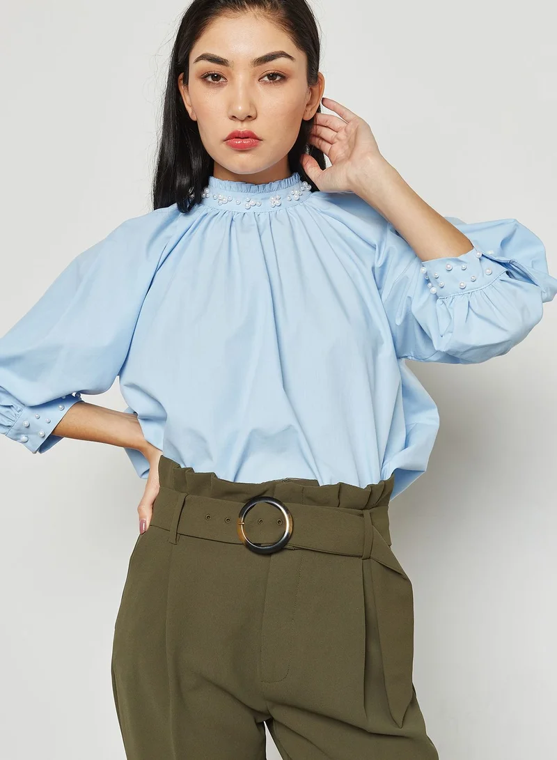 ELLA Puffed Sleeve Pearl Trim Top