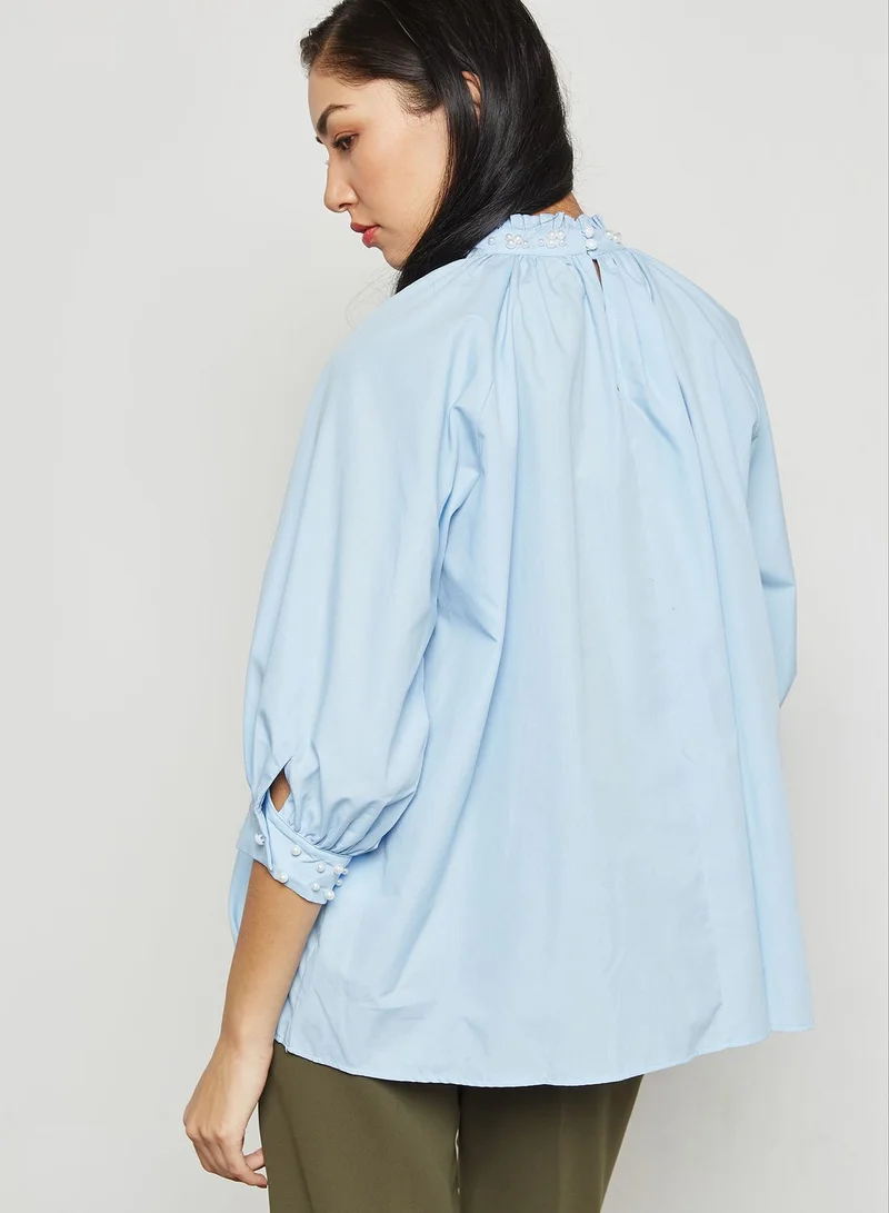ELLA Puffed Sleeve Pearl Trim Top