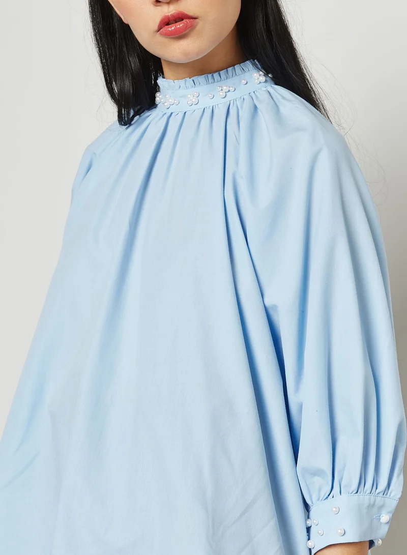 ELLA Puffed Sleeve Pearl Trim Top