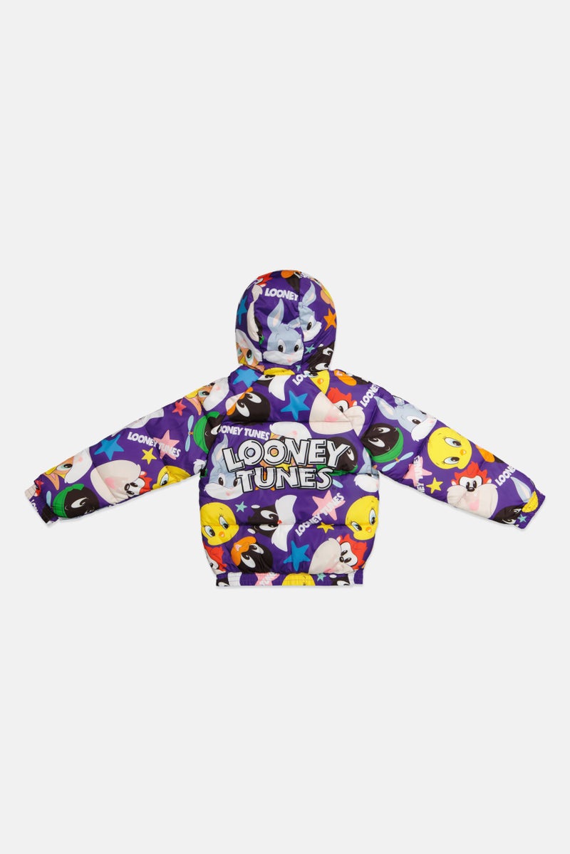 Looney Tunes Kids Girl All Over Print Hooded Puffer Jackets, Purple Combo - Image 2