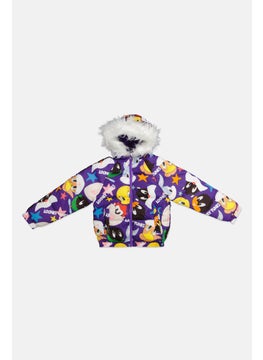Looney Tunes Kids Girl All Over Print Hooded Puffer Jackets, Purple Combo  - Image 1