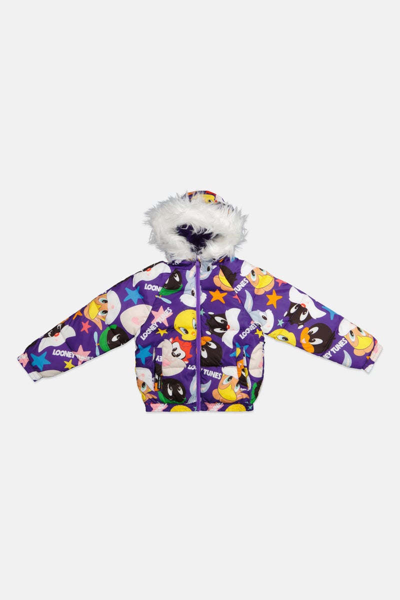 Looney Tunes Kids Girl All Over Print Hooded Puffer Jackets, Purple Combo - Image 1