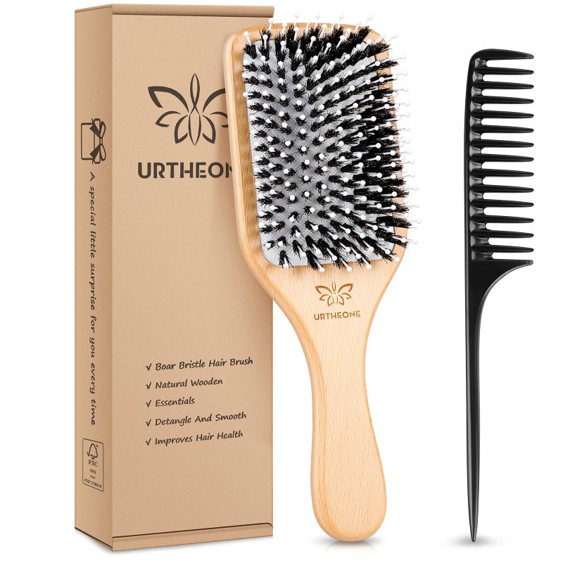 URTHEONE Hair Brush,Boar Bristle Hair Brushes and Styling Comb Set for Women Men Kids, Best Natural Wooden Paddle Hairbrush for Wet or Dry Hair Detangling Smoothing Massaging - Image 1