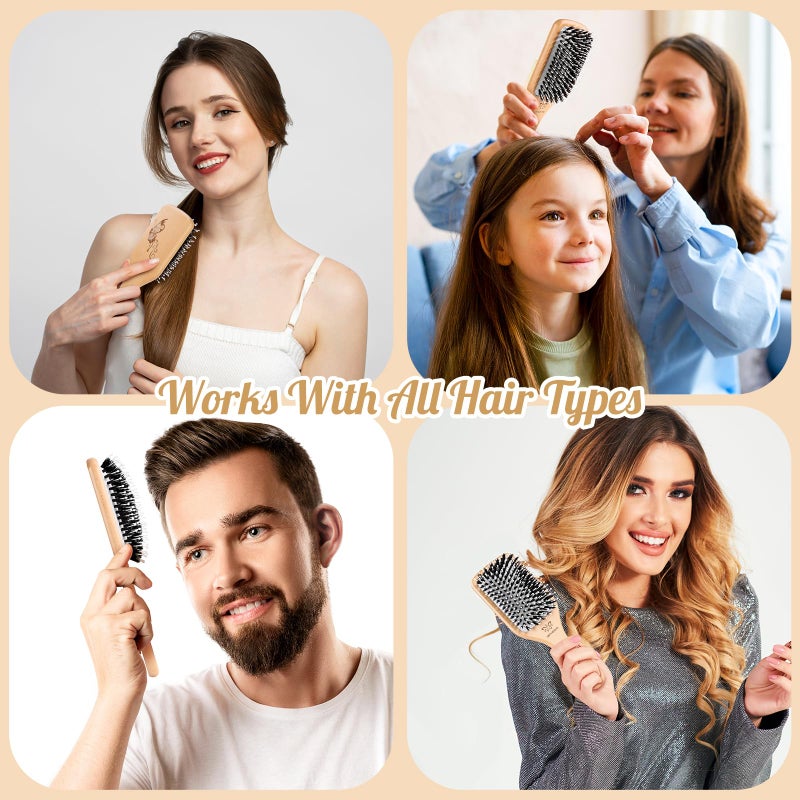 URTHEONE Hair Brush,Boar Bristle Hair Brushes and Styling Comb Set for Women Men Kids, Best Natural Wooden Paddle Hairbrush for Wet or Dry Hair Detangling Smoothing Massaging - Image 5