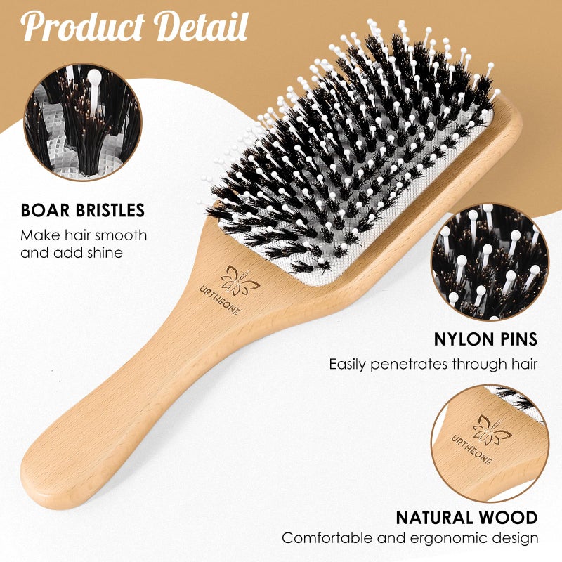 URTHEONE Hair Brush,Boar Bristle Hair Brushes and Styling Comb Set for Women Men Kids, Best Natural Wooden Paddle Hairbrush for Wet or Dry Hair Detangling Smoothing Massaging - Image 3