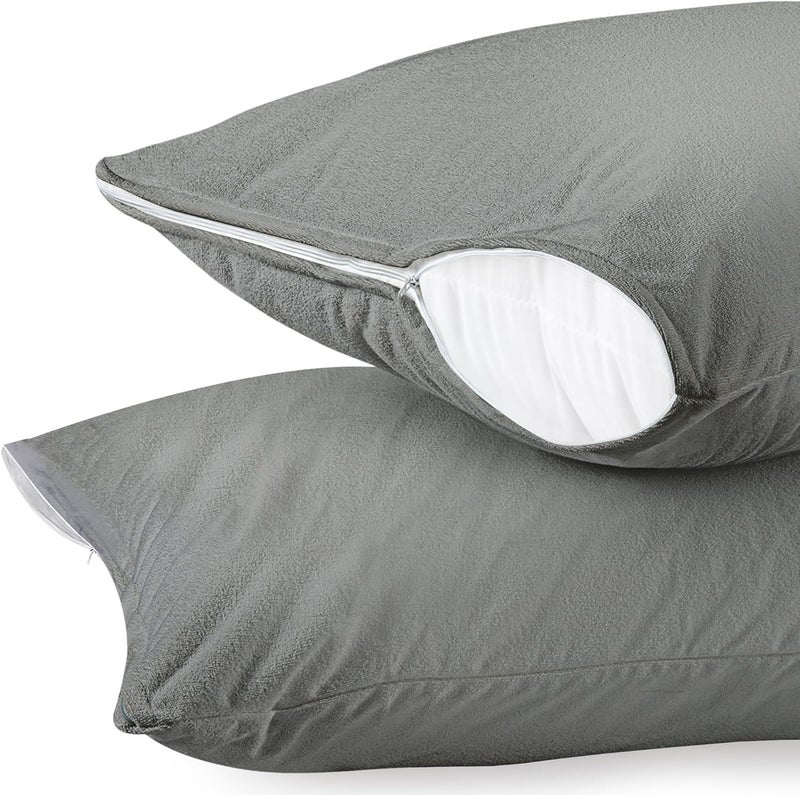 SEM B GRA 100% Waterproof Grey Pillow Protectors with Zipper Closure 16x25x5 Inch Size (2 Pack), Terry Cotton Pillow Covers, Bed Bug and Dust Mite Proof - Image 1