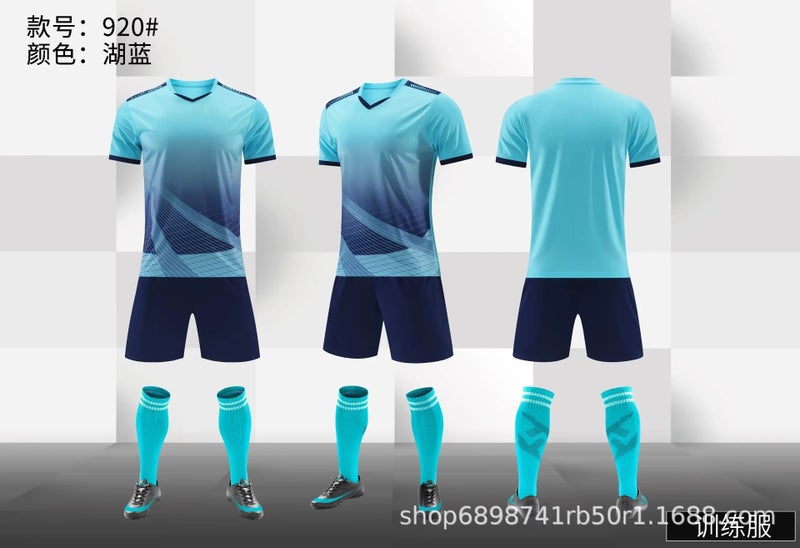 Generic Childrens football uniform suit mens and womens adult football match training team uniform football jersey clothing printing printing summer -Lake Blue 