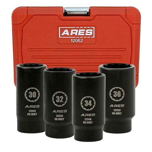 ARES 12062-4-Piece Axle Nut Socket Set - 30mm, 32mm, 34mm, and 36mm Axle Nut Sockets - 12 Point Sockets - Extra Deep 1/2-Inch Drive Impact Socket for Easy Removal of Axle Shaft Nuts - Image 1