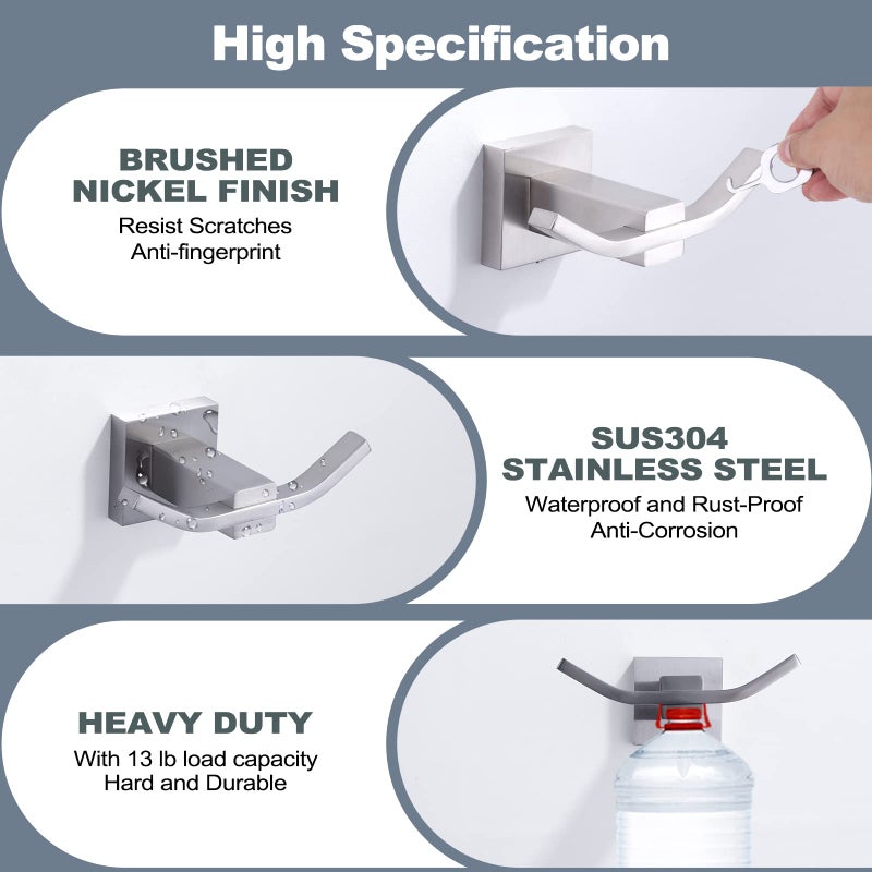 WOWOW Towel Hooks for Bathrooms Brushed Nickel, SUS304 Stainless Steel Coat Hook, Bathroom Robe Towel Holder, Heavy Duty Robe Hooks, Bathroom Double Towel Hooks for Coats, sponges, Clothes Wall Mount - Image 4