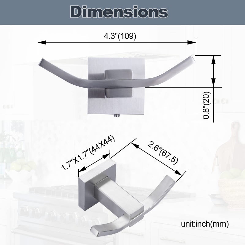 WOWOW Towel Hooks for Bathrooms Brushed Nickel, SUS304 Stainless Steel Coat Hook, Bathroom Robe Towel Holder, Heavy Duty Robe Hooks, Bathroom Double Towel Hooks for Coats, sponges, Clothes Wall Mount - Image 2