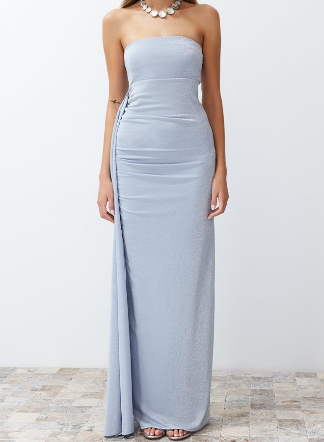 trendyol Blue Sparkly Knitted Long Evening Evening Dress TPRSS24AE00093 - Image 4