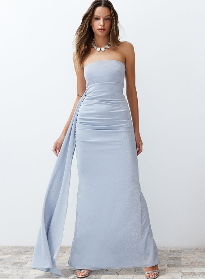 trendyol Blue Sparkly Knitted Long Evening Evening Dress TPRSS24AE00093 - Image 1