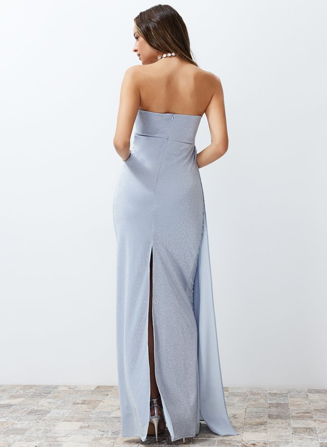 trendyol Blue Sparkly Knitted Long Evening Evening Dress TPRSS24AE00093 - Image 5