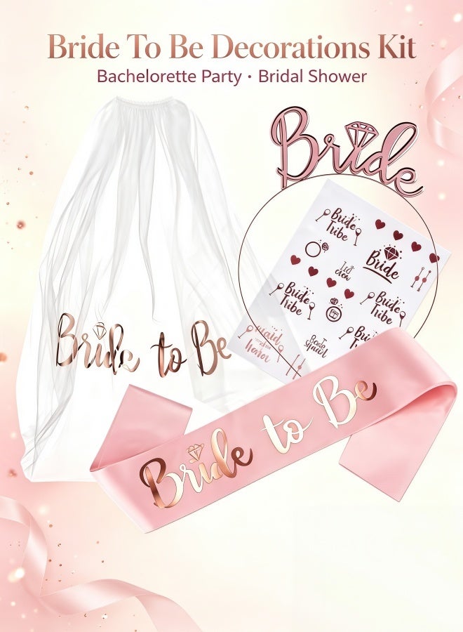 Wish Bachelorette Party Decorations Kit, Bride To Be Sash & White Veil Set, Rose Gold Bridal Decor Supplies, Bridal Shower Kit with Bridal Sash, Rhinestone Tiara, White Veil & Decor Stickers - Image 1