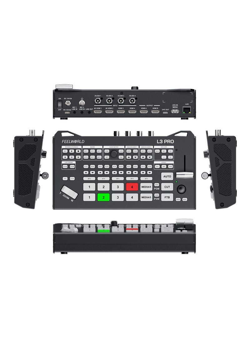 FEELWORLD L3 PRO Live Stream Video Switcher – Professional Multi-Format Video Mixer, 4 HDMI + 4 SDI Inputs, USB-C & RTMP(S) Live Streaming, PTZ Camera Control, 2 HDMI Outputs, Chroma Key, PIP, Audio Mixer, T-Bar Transitions, Video Production Switcher for YouTube, Facebook, Church & Events - Image 5