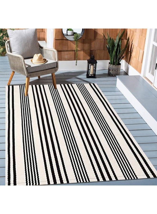 BUAGETUP Outdoor Patio Rug Black and White Striped 4'x6', Hand Woven Cotton Rug for Patio, Indoor Outdoor Porch Rug for Bedroom, Living Room - Image 4