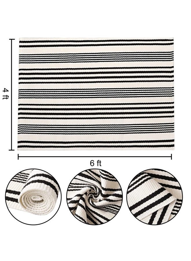BUAGETUP Outdoor Patio Rug Black and White Striped 4'x6', Hand Woven Cotton Rug for Patio, Indoor Outdoor Porch Rug for Bedroom, Living Room - Image 2