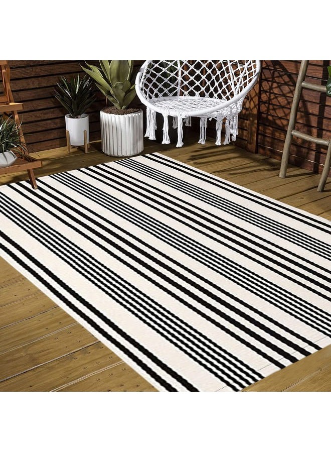 BUAGETUP Outdoor Patio Rug Black and White Striped 4'x6', Hand Woven Cotton Rug for Patio, Indoor Outdoor Porch Rug for Bedroom, Living Room - Image 5