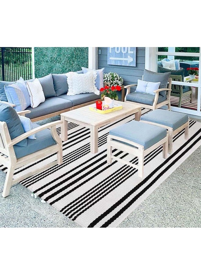 BUAGETUP Outdoor Patio Rug Black and White Striped 4'x6', Hand Woven Cotton Rug for Patio, Indoor Outdoor Porch Rug for Bedroom, Living Room - Image 1