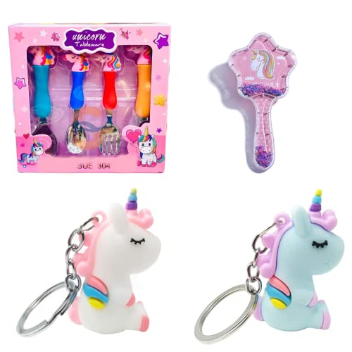 PANCIKAA Unicorn 4 in 1 Combo (1 Stainless Steel Unicorn Tableware Set Cutlery Unicorn Spoon and Fork Set for Kids [ Set of 4 Includes 2 Forks 2 Spoons ], 1 Brush, 2 Keychains - Image 1