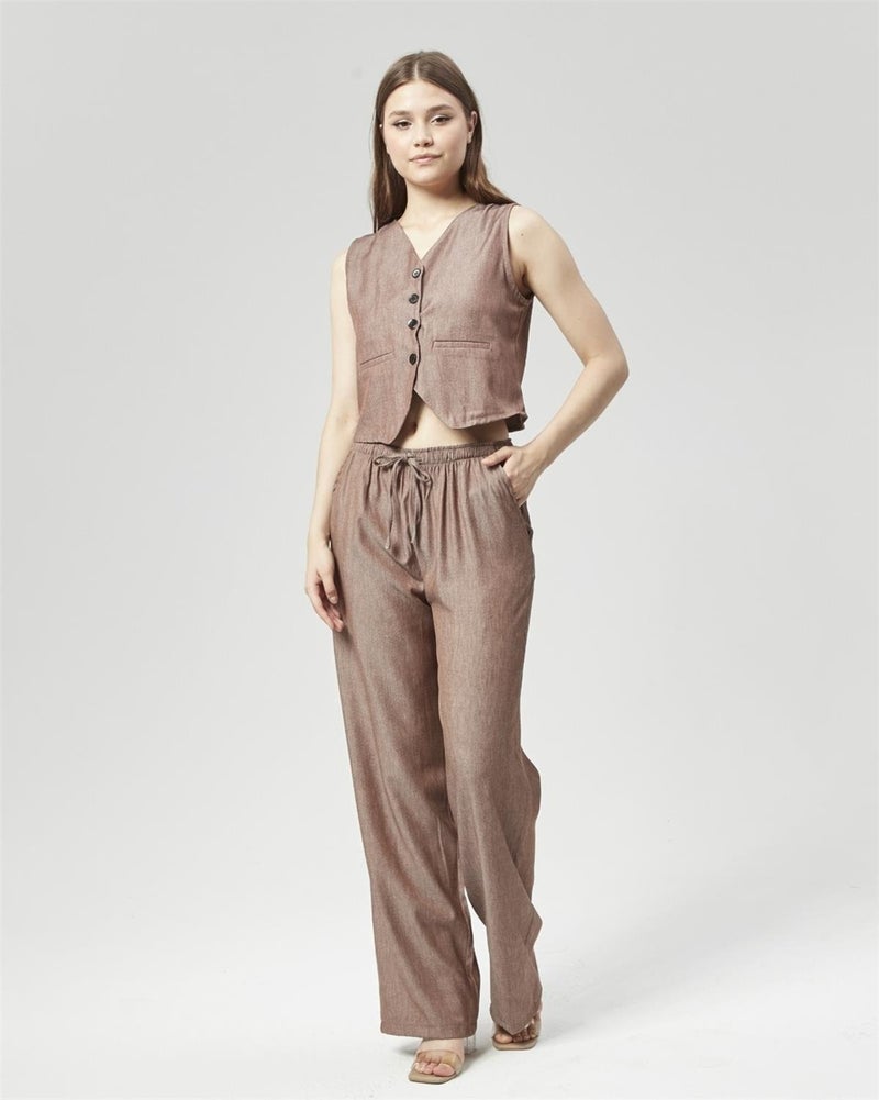 Nuseel Straight Cut Atlantis Fabric Trousers & Vest Set Brown  - Image 2