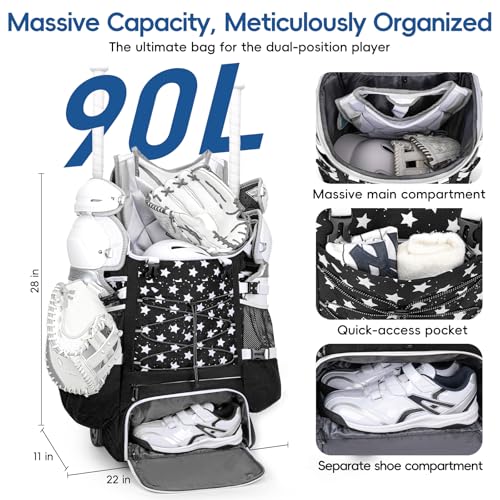 KAVIGOR Catchers Gear Bag with Wheels, 90L Rolling Baseball/Softball Bag Holds 2 Sets of Gear with Glove Compartment, Helmet Holder & Shoe Compartment - Image 3