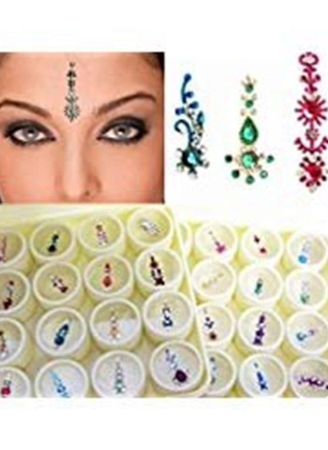 ATCUSA Bindi Box Long Multicolored Crystal Bindis - Bridal Forehead Tika temporary tattoo wedding face Jewels makeup (Pack of 20 Bindis)  - Image 1