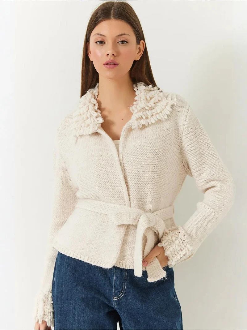 Bianco Lucci LUCCI Frilly Tie Closure Shawl Collar Cardigan