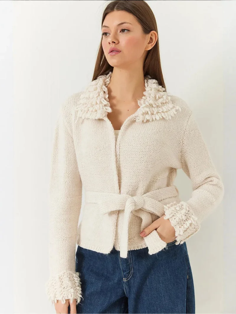 Bianco Lucci LUCCI Frilly Tie Closure Shawl Collar Cardigan