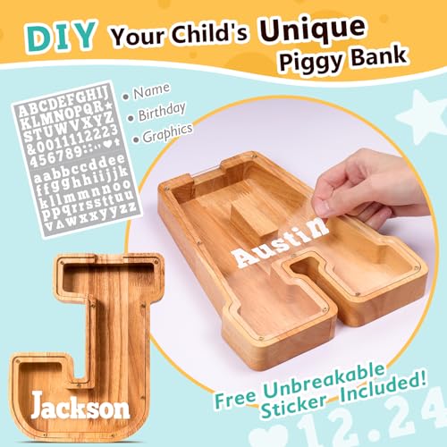 SummiDate Wooden Letter Piggy Bank| Piggy Bank for Boys Girls Toddler| Alphabet J Money Bank| Coin Bank Birthday Gift for Kids|Birthday Easter Gifts for Kids (J) - Image 3
