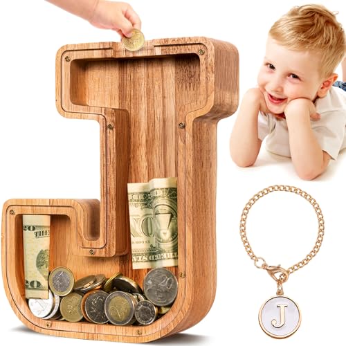 SummiDate Wooden Letter Piggy Bank| Piggy Bank for Boys Girls Toddler| Alphabet J Money Bank| Coin Bank Birthday Gift for Kids|Birthday Easter Gifts for Kids (J) - Image 1