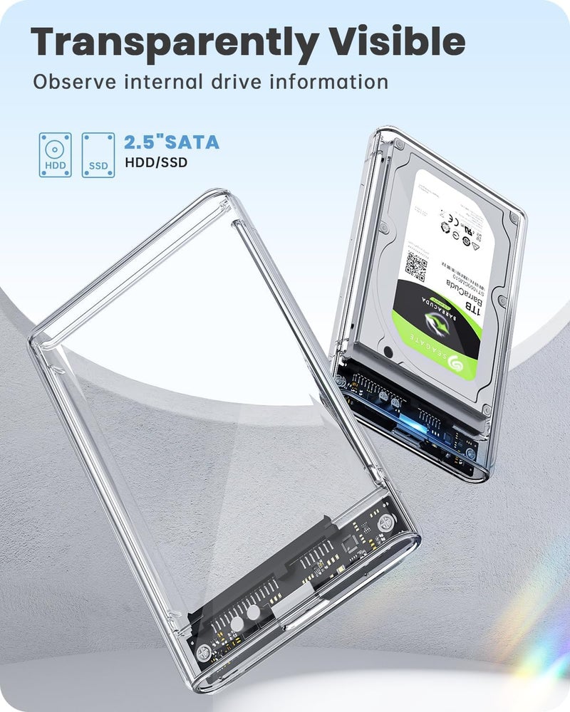 2.5 Inch External Hard Drive Enclosure USB 3.0 to SATA III – Tool-Free Clear HDD/SSD Case with UASP Support for 7mm/9.5mm 2.5" SATA SSD & HDD – Compatible with PC, PS4, Xbox & TV - Image 2