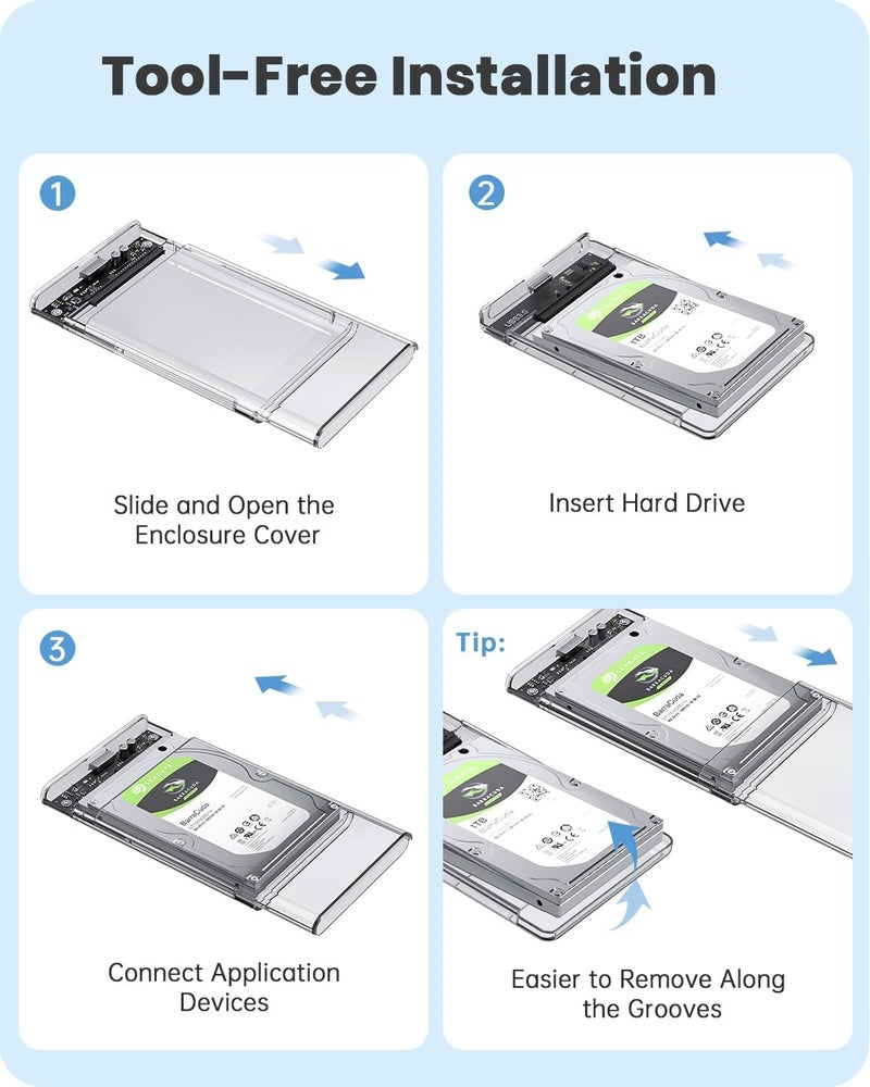 2.5 Inch External Hard Drive Enclosure USB 3.0 to SATA III – Tool-Free Clear HDD/SSD Case with UASP Support for 7mm/9.5mm 2.5" SATA SSD & HDD – Compatible with PC, PS4, Xbox & TV - Image 3
