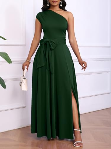 Ekaliy Women's Long Formal Dress One Shoulder Sleeveless Belted Wedding Guest Maxi Dresses Green XXL - Image 2
