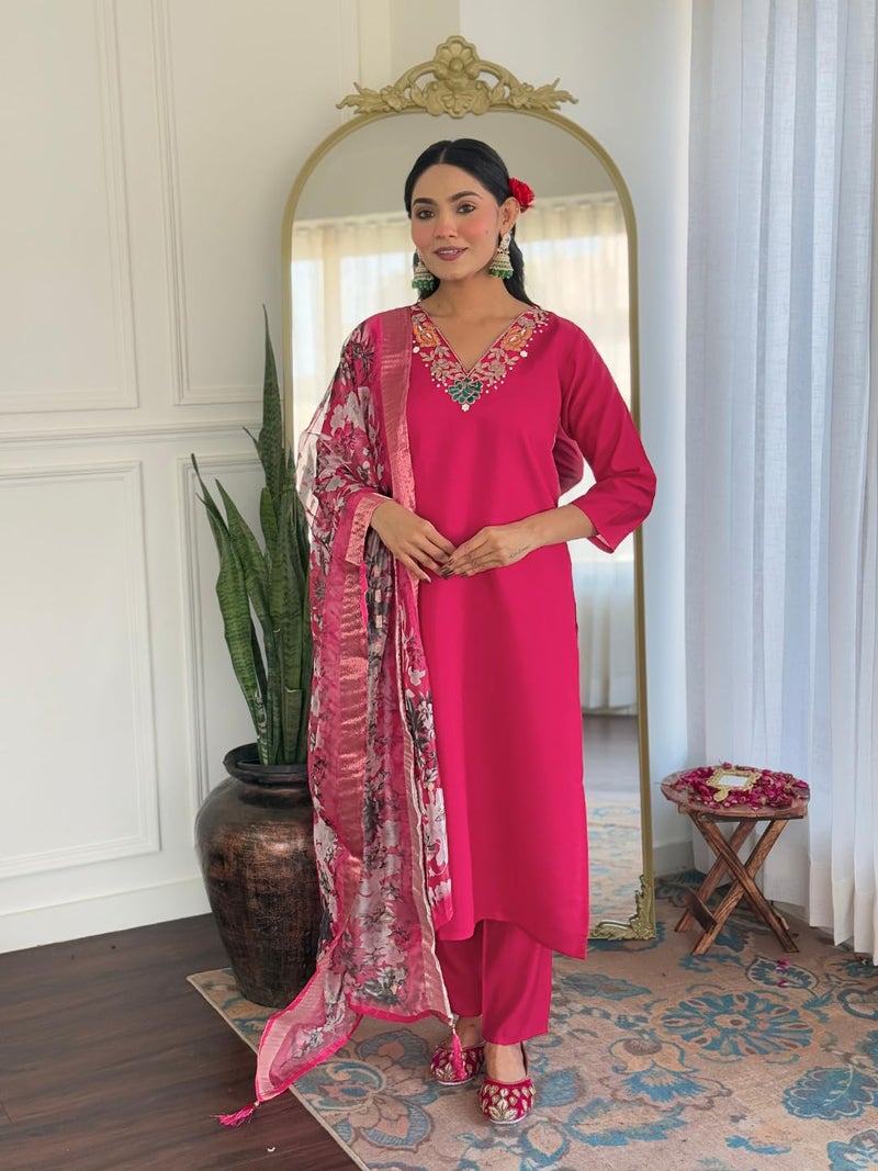 Naixa Women's Rani Viscose Embroidered Straight Kurta with Viscose Pant and Jacquard Printed Dupatta Sets (NX-666-Rani-3XL) - Image 2