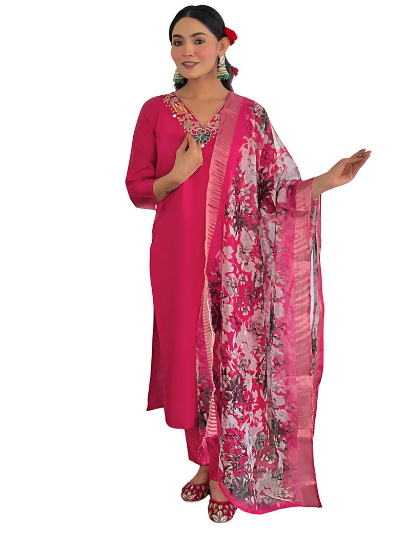 Naixa Women's Rani Viscose Embroidered Straight Kurta with Viscose Pant and Jacquard Printed Dupatta Sets (NX-666-Rani-3XL) - Image 1