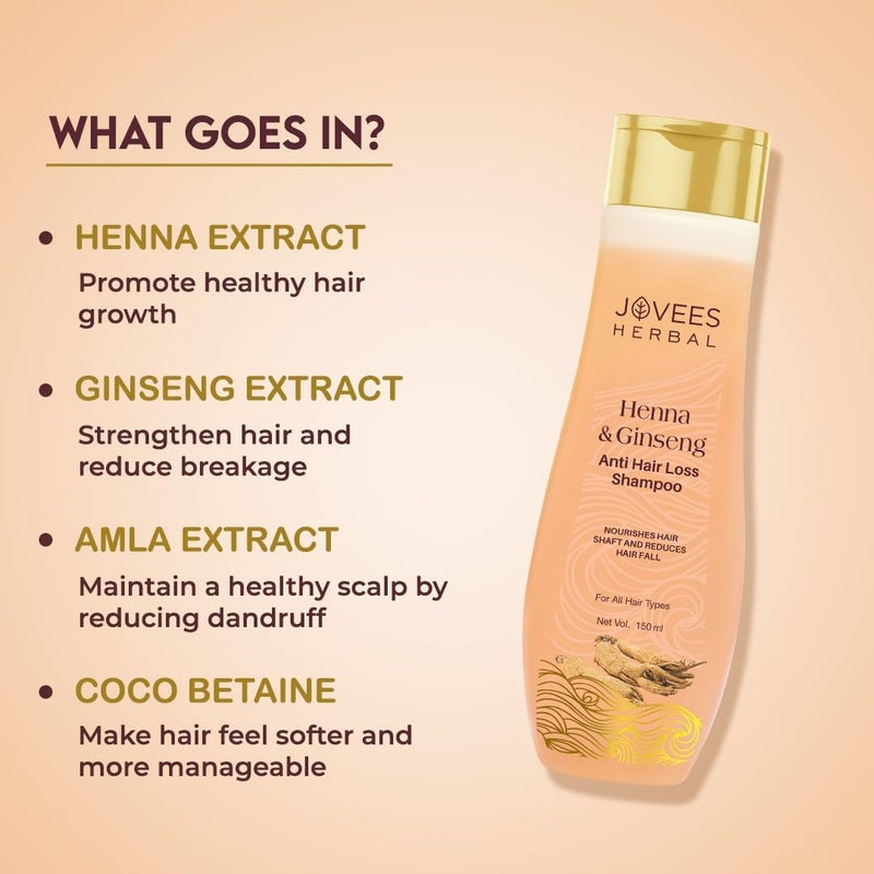 Jovees Herbal Henna & Ginseng Anti Hair Fall Shampoo | Controls Hair Fall & Promotes Hair Growth | Enriched With Henna, Ginseng & Amla Extract | Suitable for All Hair Types | Men & Women - 300ml - Image 2
