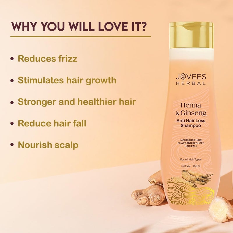Jovees Herbal Henna & Ginseng Anti Hair Fall Shampoo | Controls Hair Fall & Promotes Hair Growth | Enriched With Henna, Ginseng & Amla Extract | Suitable for All Hair Types | Men & Women - 300ml - Image 1