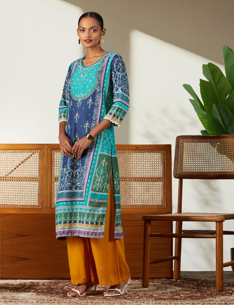 BIBA Cotton Women Printed Straight Fit Kurta Mix and Match(Assorted20018_Teal_34) - Image 2