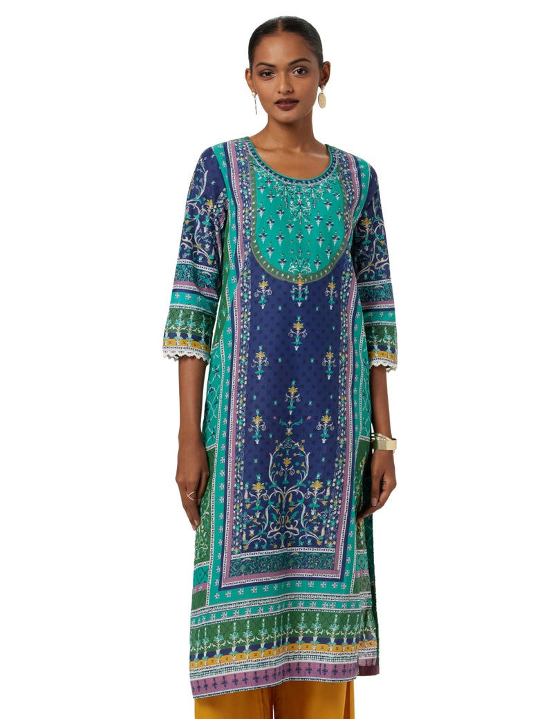 BIBA Cotton Women Printed Straight Fit Kurta Mix and Match(Assorted20018_Teal_34) - Image 1