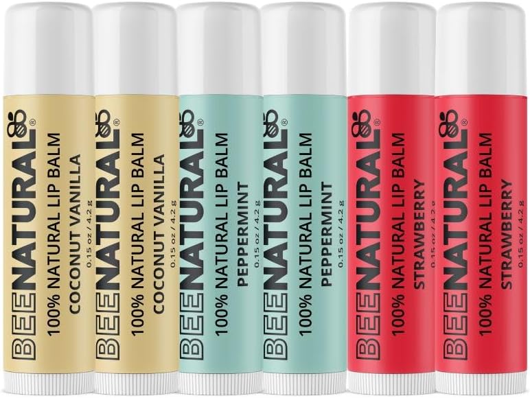 100 Natural Moisturising Lip Balm Multi Flavour Peppermint Coconut Vanilla Strawberry Pack of 6