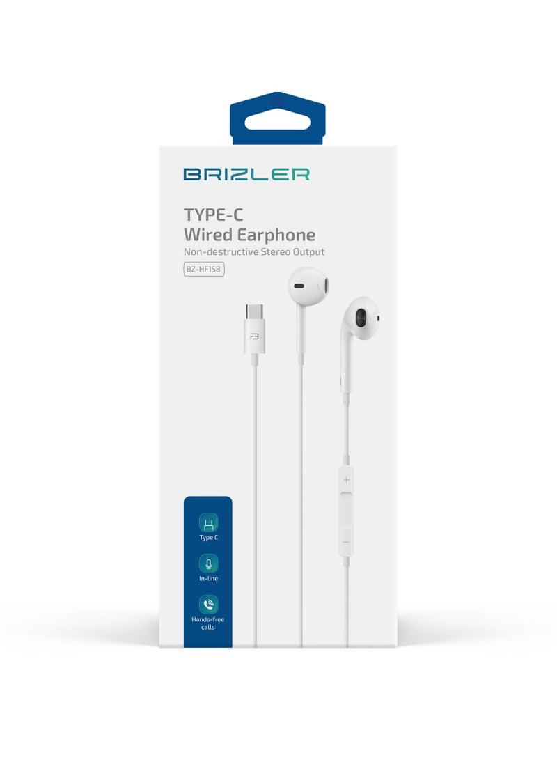 Brizler Type-C Wired Earphone BZ-HF158 Compatible with iPhone 16/15 series Samsung S24/S23 Ultra, S22/S22 Ultra, S21, A04, Redmi Note 12/12 Pro, Oneplus  White - Image 5
