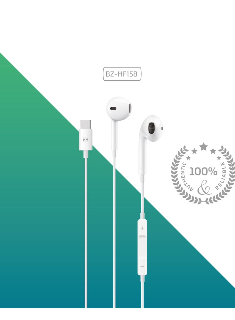 Brizler Type-C Wired Earphone BZ-HF158 Compatible with iPhone 16/15 series Samsung S24/S23 Ultra, S22/S22 Ultra, S21, A04, Redmi Note 12/12 Pro, Oneplus  White - Image 2