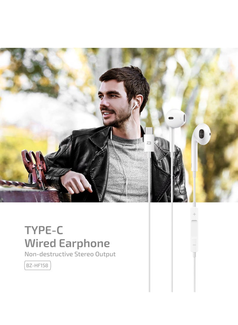 Brizler Type-C Wired Earphone BZ-HF158 Compatible with iPhone 16/15 series Samsung S24/S23 Ultra, S22/S22 Ultra, S21, A04, Redmi Note 12/12 Pro, Oneplus  White - Image 4