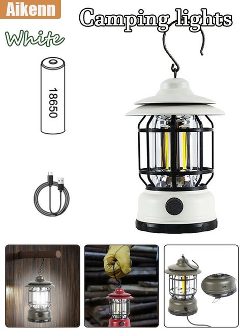 Retro Camping Lantern Portable Camping Light Rechargeable IPX4 Waterproof Camping Lamp Hanging Dimmable COB Brightness Tent Light for Outdoor Hiking Garden Fishing Emergency White