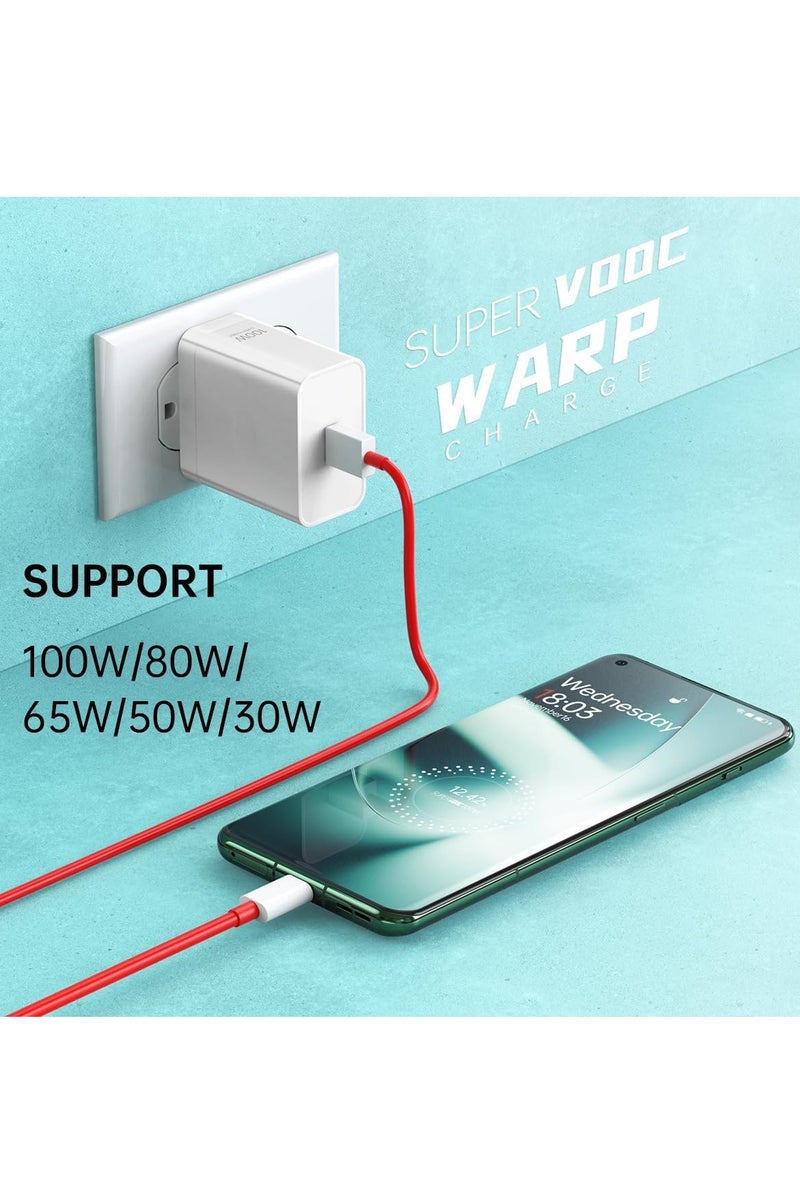 شاحن فائق السرعة 100 واط مع كابل USB-C بطول 3.3 قدم 6A متوافق مع أوبو رينو 14/14 برو/13/12/11/10/9 /A18 /A38/A58/A59/ A78/A98/A80/A50/Reno12FS/ فايند X8 /X7/X6/ X5، كابل USB-C لهواتف OnePlus وRealme - Image 5